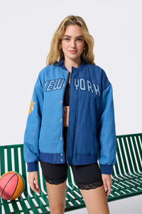New York Knicks Denim Blocked Bomber Jacket in Blue