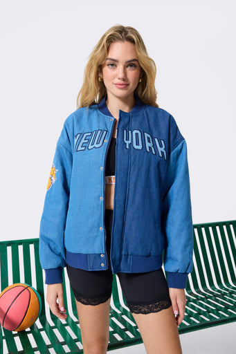 New York Knicks Denim Blocked Bomber Jacket in Blue