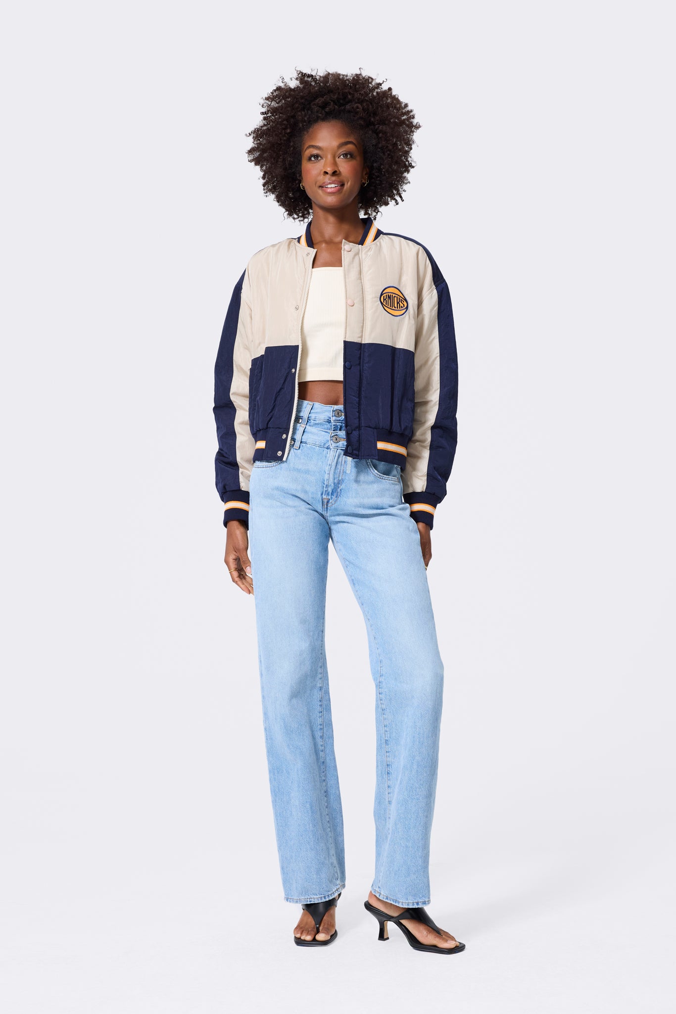 New York Knicks Cropped Bomber in Navy and Taupe – Terez.com New York Knicks Cropped Bomber in Navy and Taupe – Terez.com