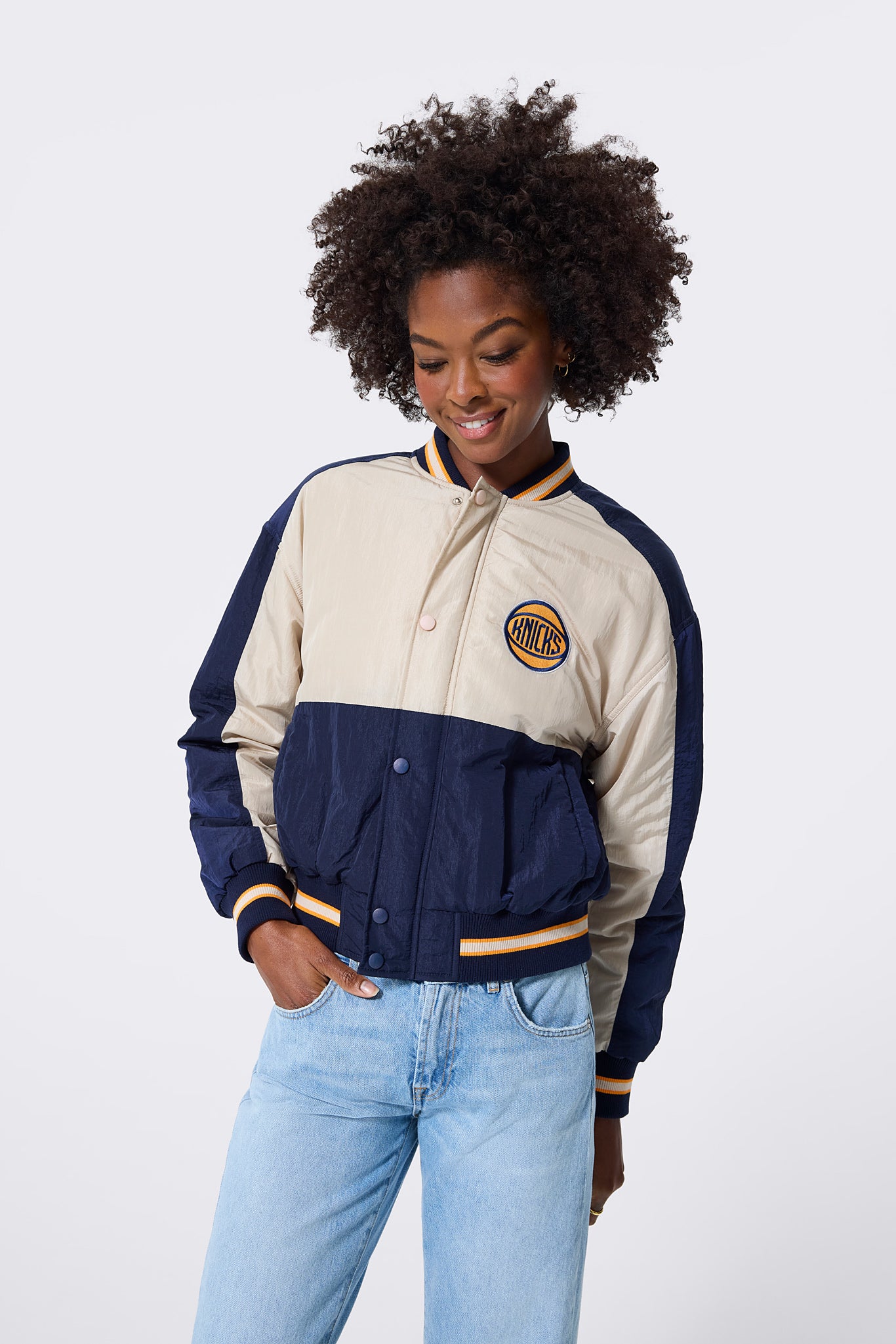 New York Knicks Cropped Bomber in Navy and Taupe – Terez.com