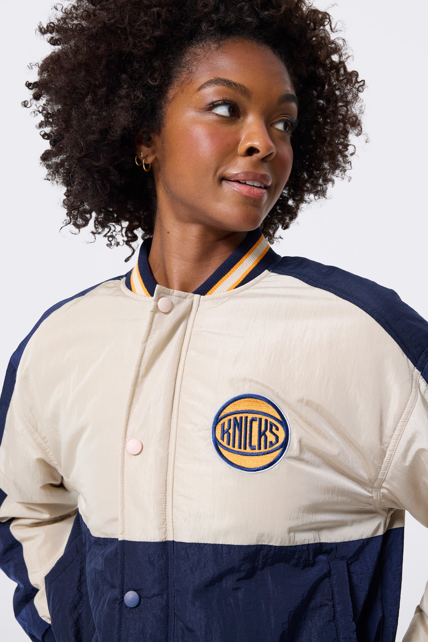 New York Knicks Cropped Bomber in Navy and Taupe – Terez.com