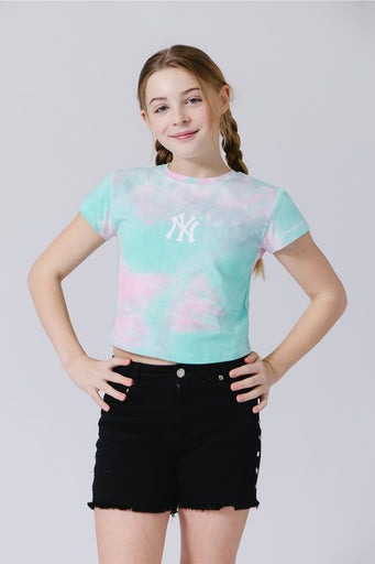 Girls New York Yankees Tie Dye Draft Tee in Pink