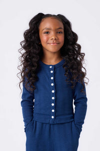 Girls Pointelle Cardigan in Navy