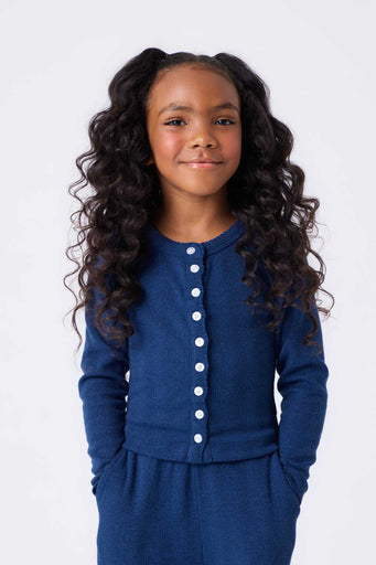 Girls Pointelle Cardigan in Navy