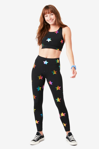 UpLift Leggings in Black Rainbow Star Foil with Tall Band