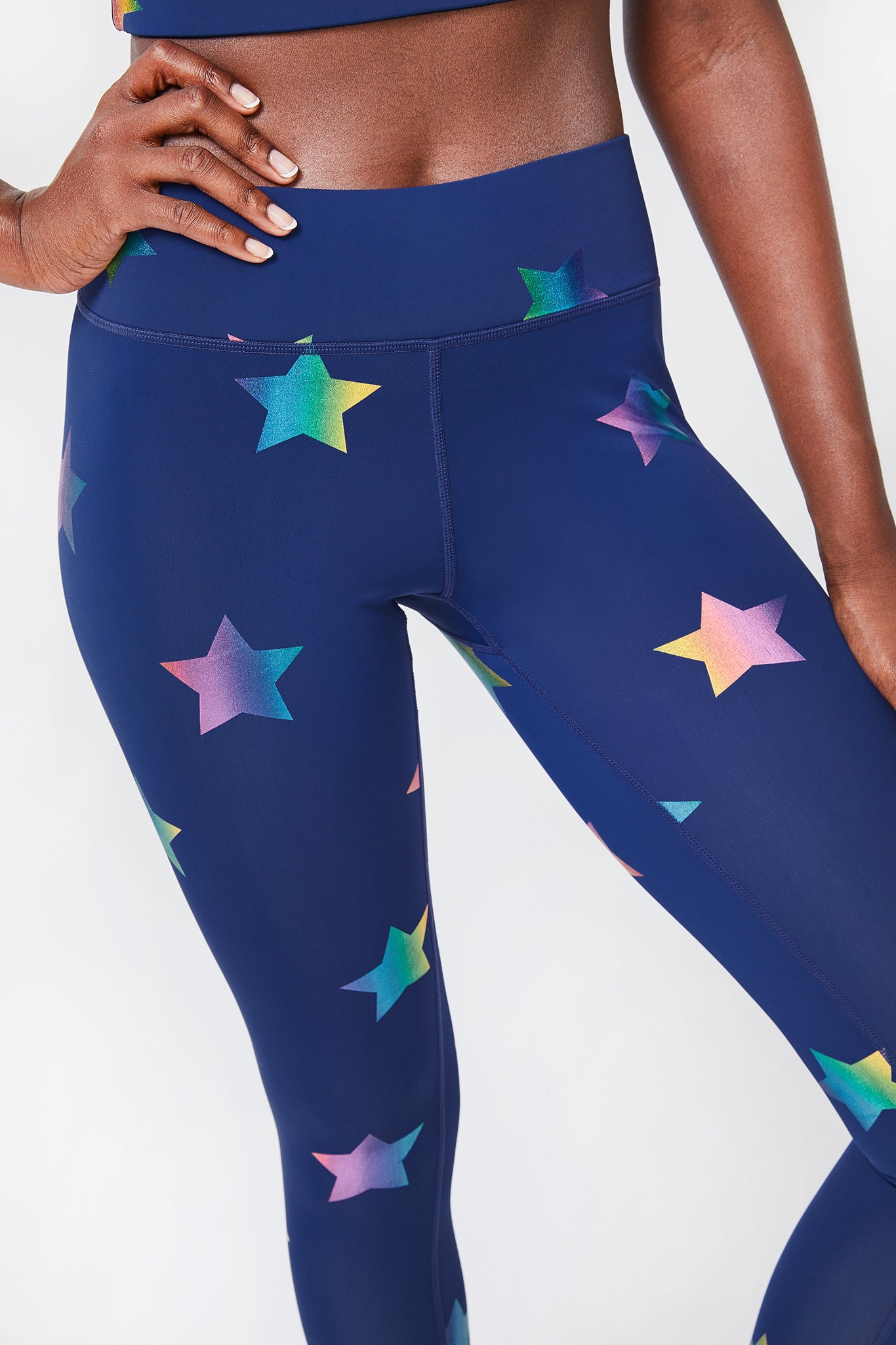 UpLift Leggings in with – Star Tall Band Foil Navy Rainbow