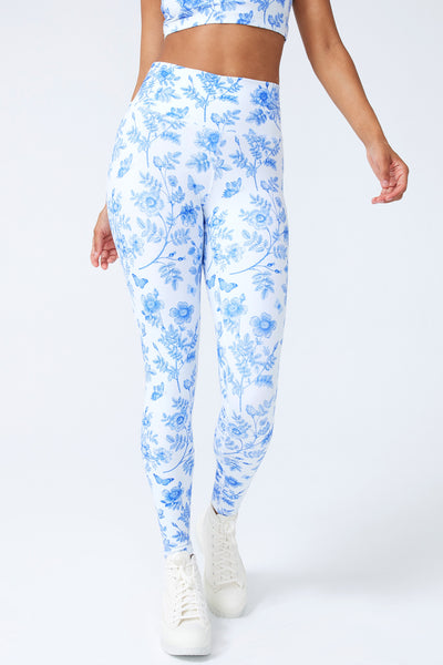 Girls Printed Leggings White Fern Leaf Overall Print on Blue - SheelaSheek