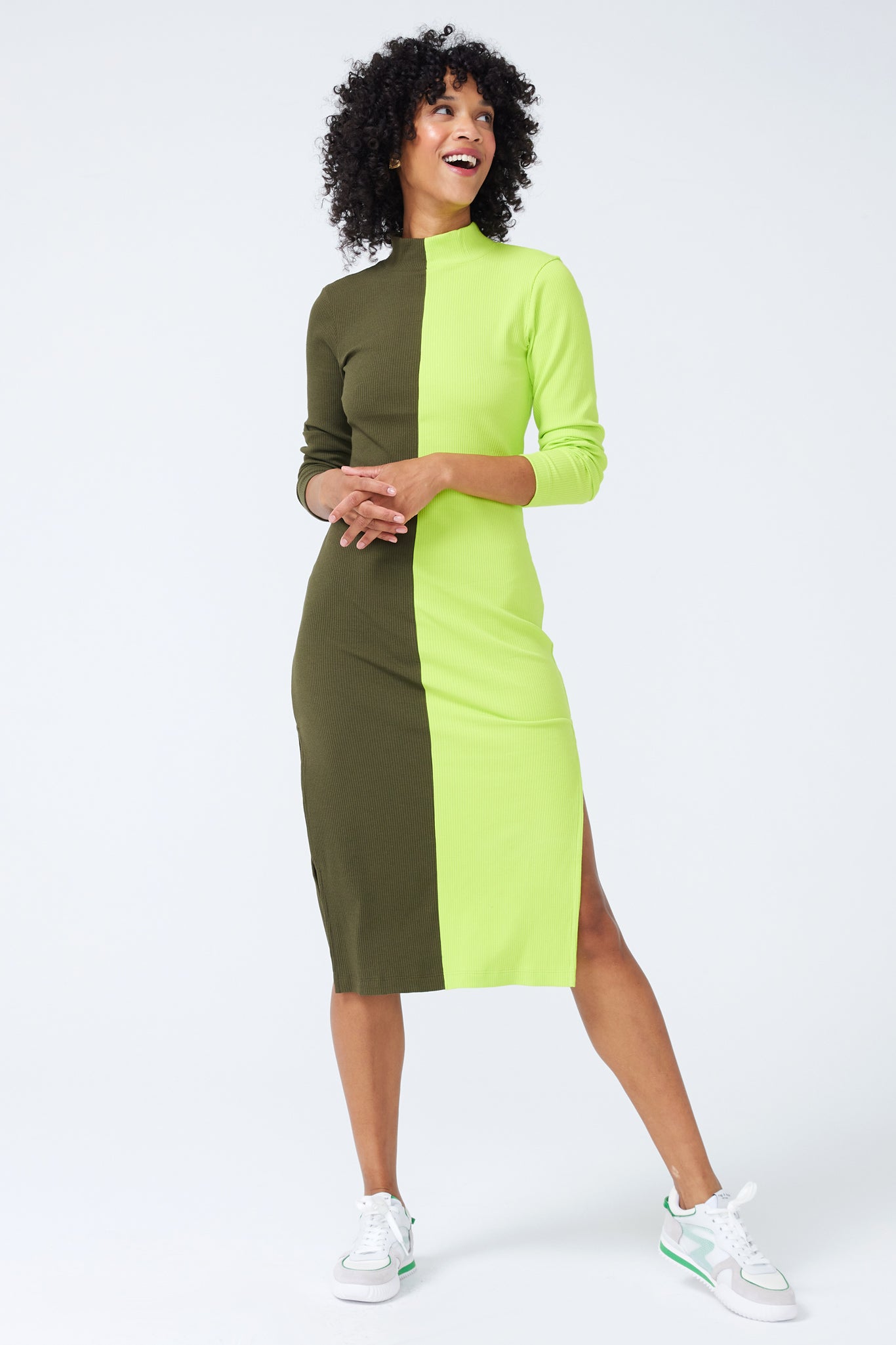 Mock Neck Rib Dress in Uniform Green and Acid Lime