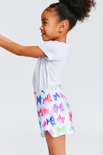 Kids Gym Shorts in White Fancy Bows